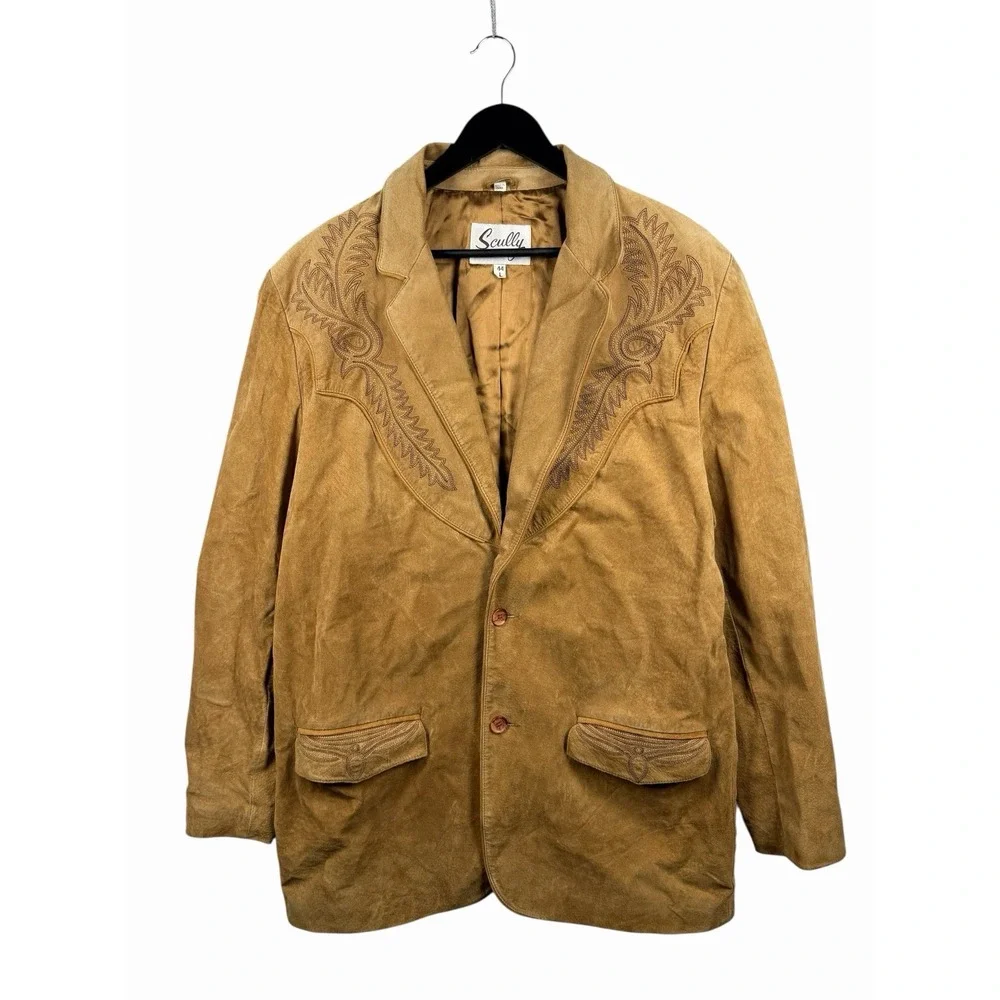 Scully Western Two Button Jacket Leatherwork Brown Suede Blazer Size L